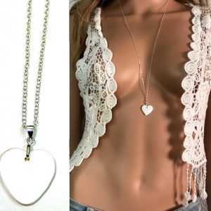 Sautoir coeur en nacre blanche collier chaine argent 925