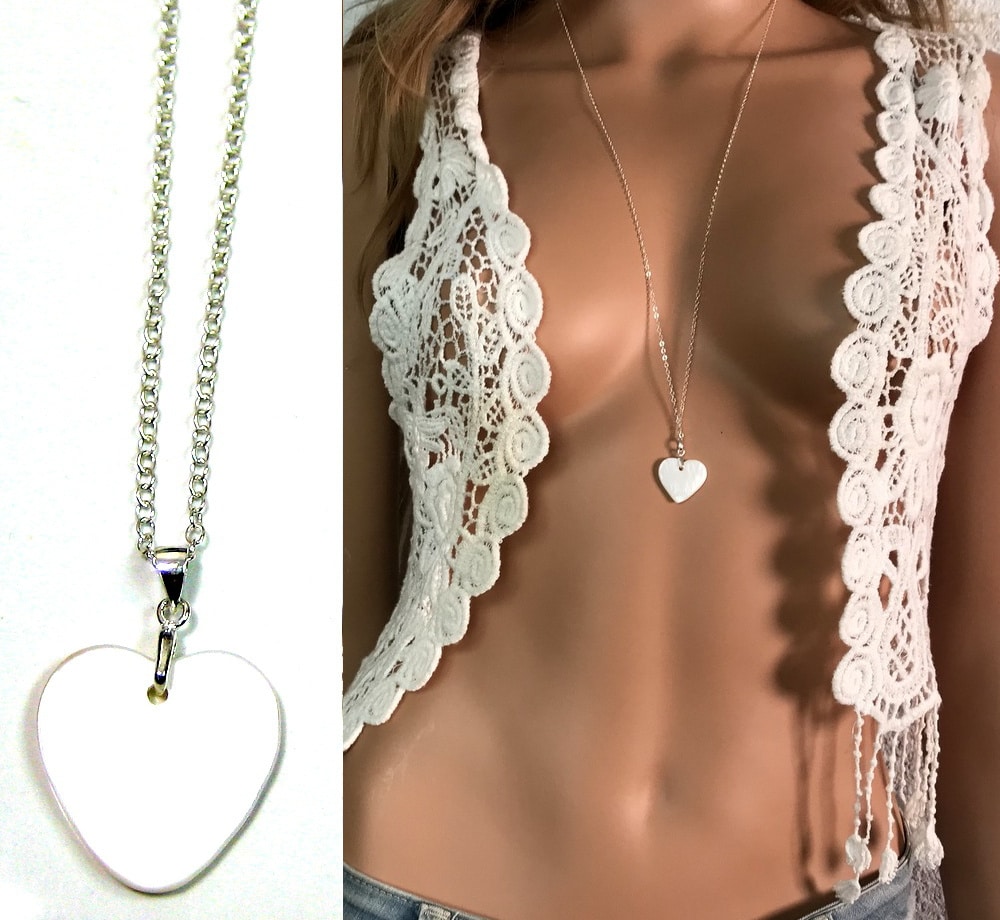 Sautoir coeur en nacre blanche collier chaine argent 925 – Image 2