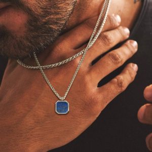 Collier pendentif Lapis Lazuli bleu carré Acier Inoxydable