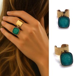 Bague réglable pendentif carré amazonite bleu et acier inoxydable doré