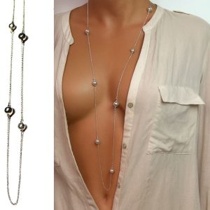 Sautoir Argent plaqué femme artisanal – Collier perles rondes lisses et diamantées