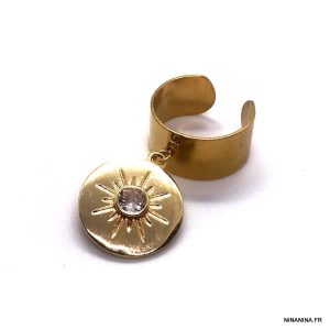 Bague pendentif soleil doré artisanale – acier inoxydable et zirconium réglable