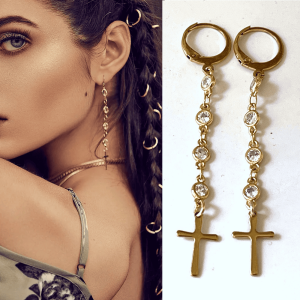 Boucles D’Oreilles Pendantes Croix Acier Doré Et Zirconium