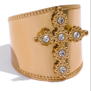 Bague croix femme Acier Inoxydable doré et zirconium