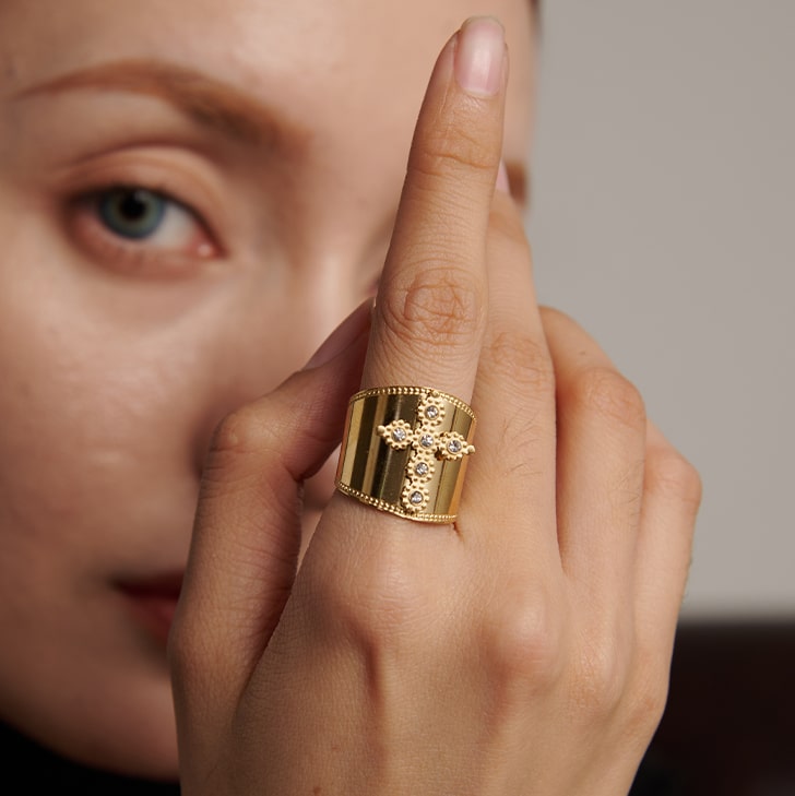 Bague croix femme Acier Inoxydable doré et zirconium – Image 3