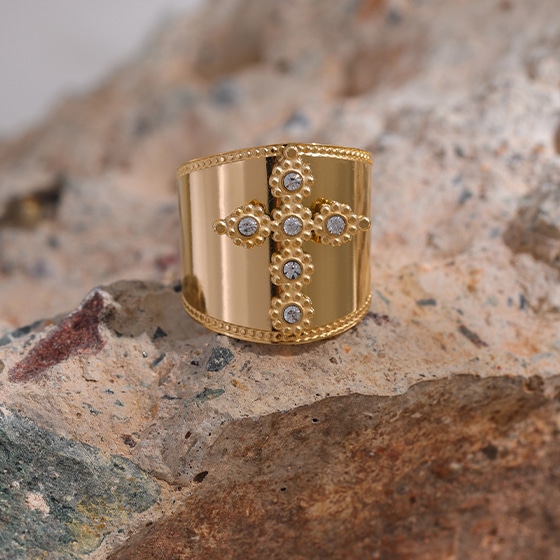 Bague croix femme Acier Inoxydable doré et zirconium – Image 7