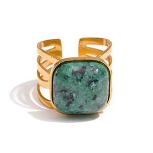 Bague manchette Acier doré turquoise verte carrée