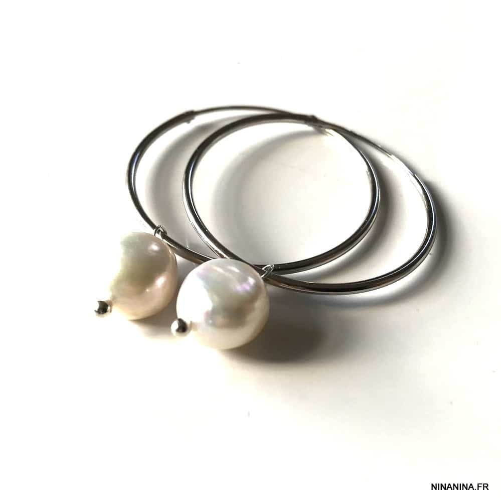 Boucles d’oreilles perles baroques créoles Argent – Image 3