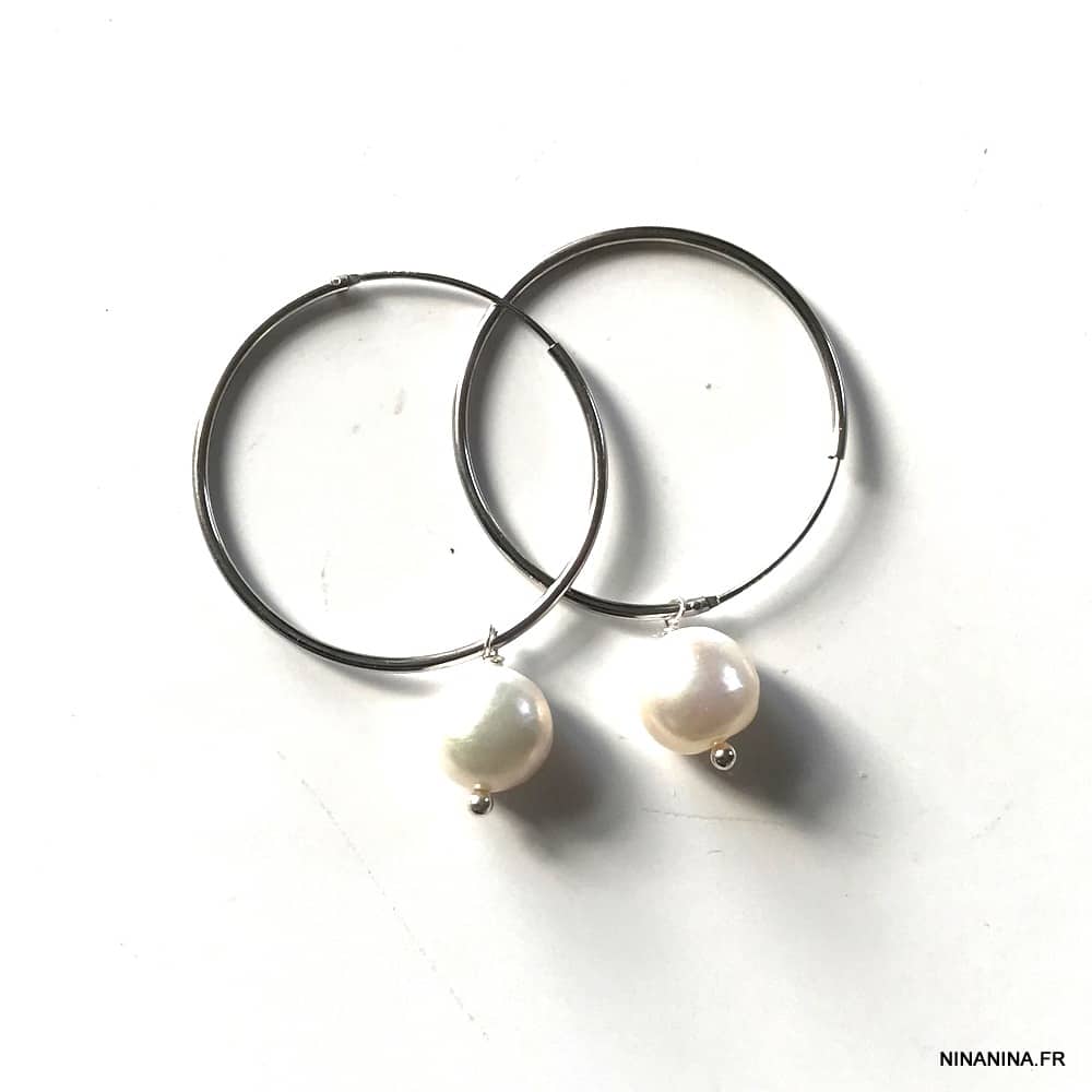 Boucles d’oreilles perles baroques créoles Argent – Image 7