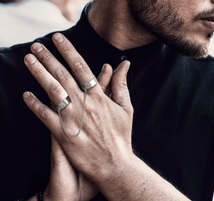 Bague avec chaine Homme deux doigts Acier Reglable – Image 6