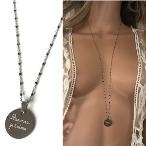 Collier Maman Je t&rsquo;aime Chaine Perlée Acier Inoxydable