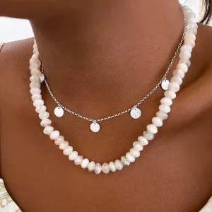 Collier Jade Blanc Femme Perle rondelle à facette 8mm