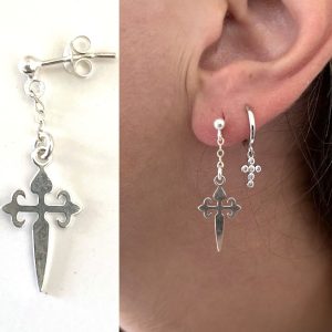 Boucles d’Oreilles Croix Pendantes Chaine Argent 925