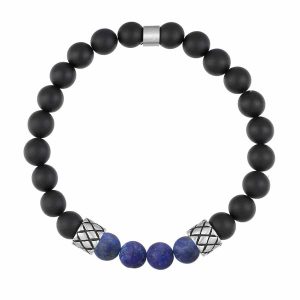 Bracelet Jaspe Bleu Onyx Noir Boules 8mm Et Acier