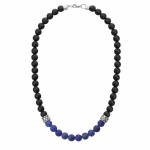 Collier Jaspe Bleu Onyx Noir Boules 8mm Et Acier