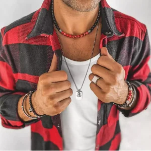 Collier Jaspe Rouge Onyx Noir Boules 8mm Acier Inox