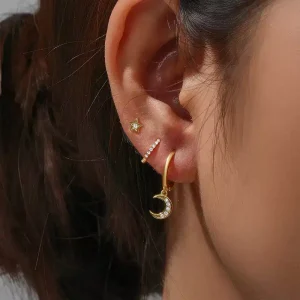 Boucles D&rsquo;Oreille 3 trous Lune Etoile Argent Plaqué Or