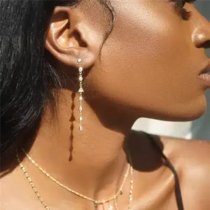 Boucles D Oreilles Longues Argent Plaqué Or Zircone