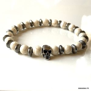 Bracelet Skull Acier Inoxydable Perles Howlite Blanche