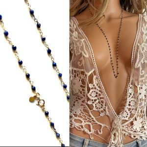 Sautoir lapis lazuli bleu pierres brutes bleues femme