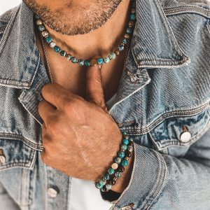 Collier Pierre Naturelle Homme Jaspe Bleu Hématite Or