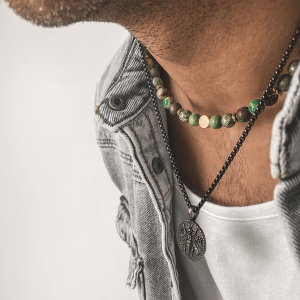 Collier Jaspe Vert Homme Boules 8mm Hématite Or