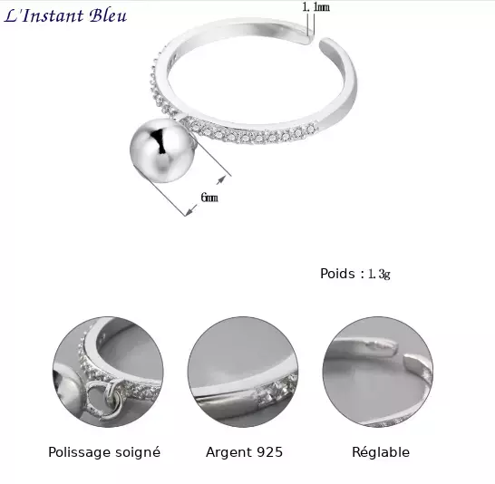Bague Boule Argent PlaquĆ© et Strass Reglable Femme ā Image 7