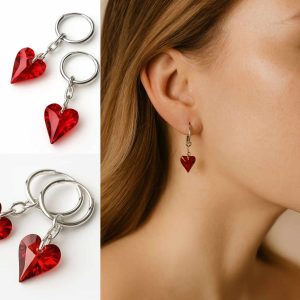Boucles d&rsquo;Oreilles Coeur Swarovski Bleu ou Rouge – Créoles Argent 925 12mm
