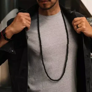 Collier perle bois homme 6mm noir long personnalisable