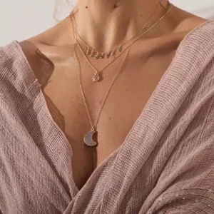 Collier Lune Agate Druzy Or Laminé ou Acier Doré