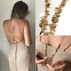 Sautoir Collier Long Or Feuilles Acier Inox Et Laiton Doré