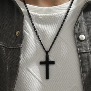 Collier Croix Noire Pendentif Acier Inoxydable Homme