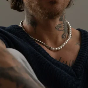 Collier En Perle Homme Blanche Et Hématite 50cm