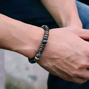 Bracelet Perles Heishi Homme Hematite Onyx Noir Et Bois Fait Main En France