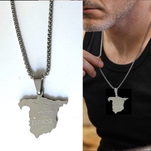 Collier pendentif carte Espagne en acier inoxydable argenté