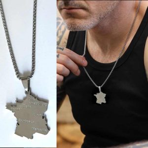Collier pendentif carte France en acier inoxydable argenté