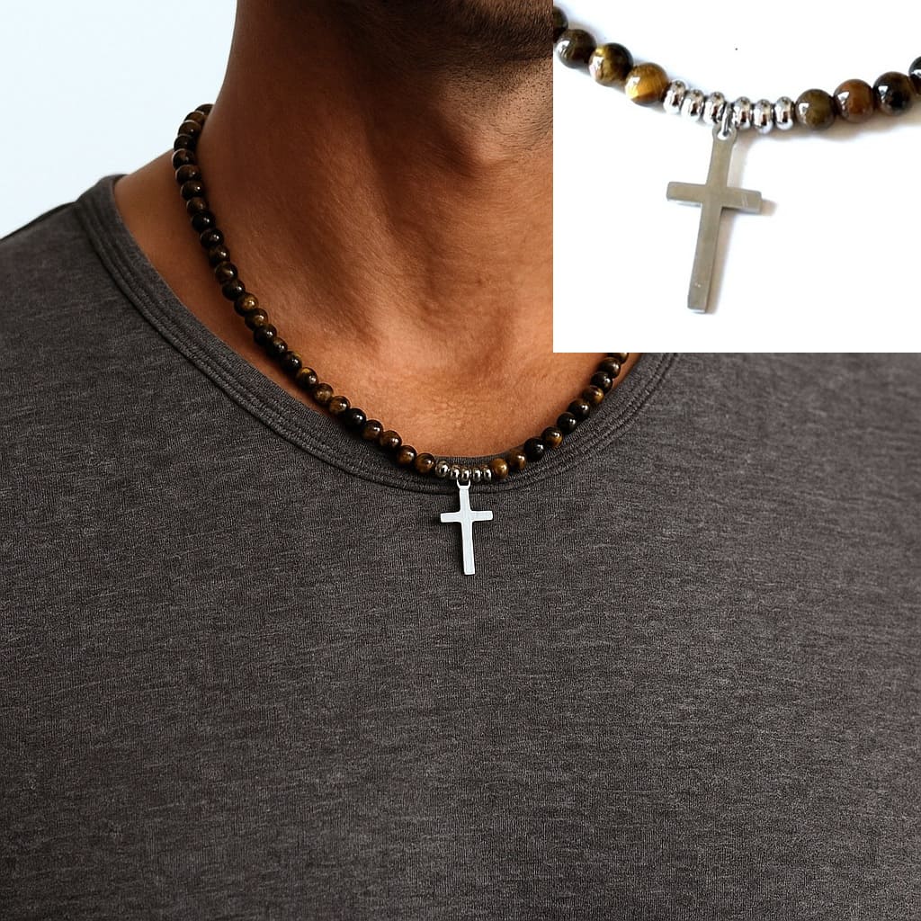 Collier homme croix acier inoxydable et perles en pierre oeil de tigre 6mm artisanal – Image 4
