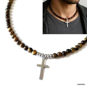 Collier homme croix acier inoxydable et perles en pierre oeil de tigre 6mm artisanal