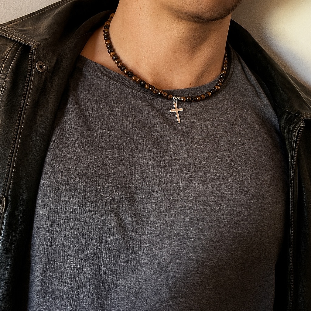 Collier homme croix acier inoxydable et perles en pierre oeil de tigre 6mm artisanal – Image 6