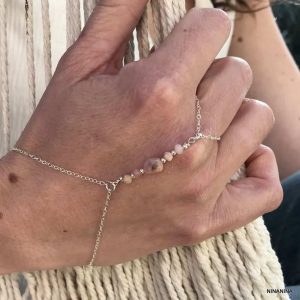 Bracelet Chaîne Avec Bague Argent 925 Et Opale Rose Fait main