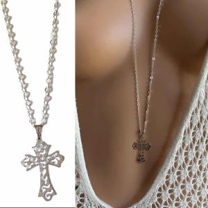 Long Collier Croix Argent Femme Pendentif 925 Fin Sur Chainette