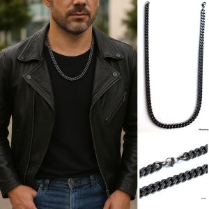 Collier Acier Homme Grosse Maille Gourmette Noir Vieillie 60cm Large 10mm
