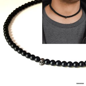 Collier Tete De Mort Noire Et Perles Noires En Onyx 6mm Artisanal