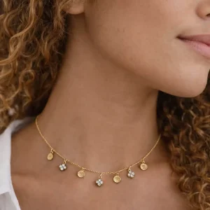 Collier Charms Acier Inoxydable Doré Artisanal – Chaîne Fine avec Pampilles Dorées Texturées et Motifs Strass Élégants