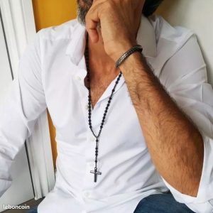 Chapelet En Pierre Naturelle Onyx Noir Et Croix Hématite Grise