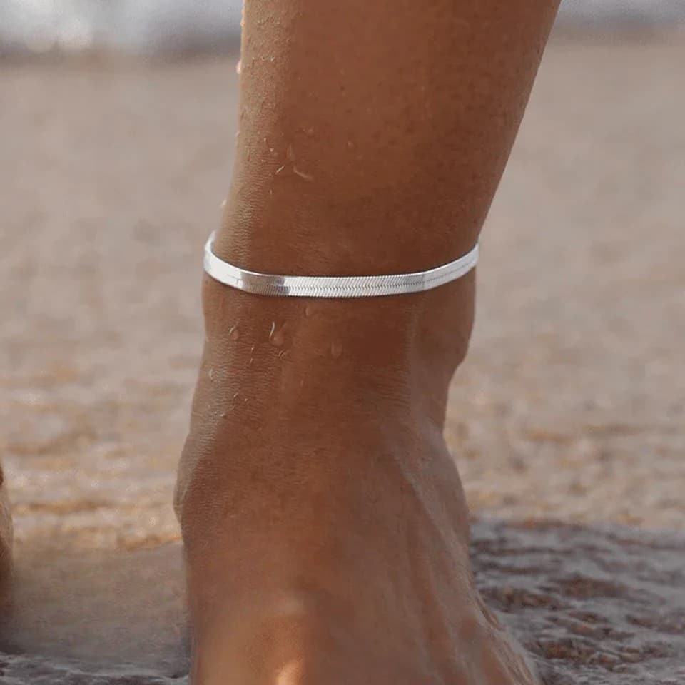 Bracelet De Cheville Acier Inoxydable Argent Maille Serpentine Plate Pour Une Elegance Dutable – Image 4