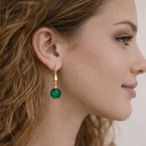 Boucles d’Oreilles Emeraude Verte Artisanales A Petit Prix – Pendentif Rond Et Laiton Doré