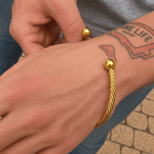 Bracelet jonc acier inoxydable doré homme fil rond tressé 2 boules