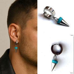 Boucle d&rsquo;Oreille Spike Pendentif Pointe Acier Inoxydable Et Turquoise Homme