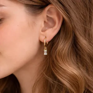 Mini Créoles Argent Plaqué Or ou Rhodium et Pierre de Zirconium Baguette rectangulaire